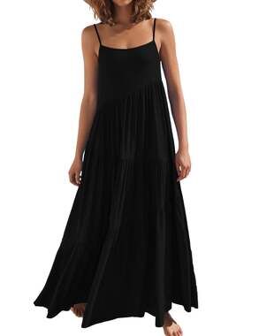 Boho tiered Women's Black Spaghetti Strap Maxi Dress